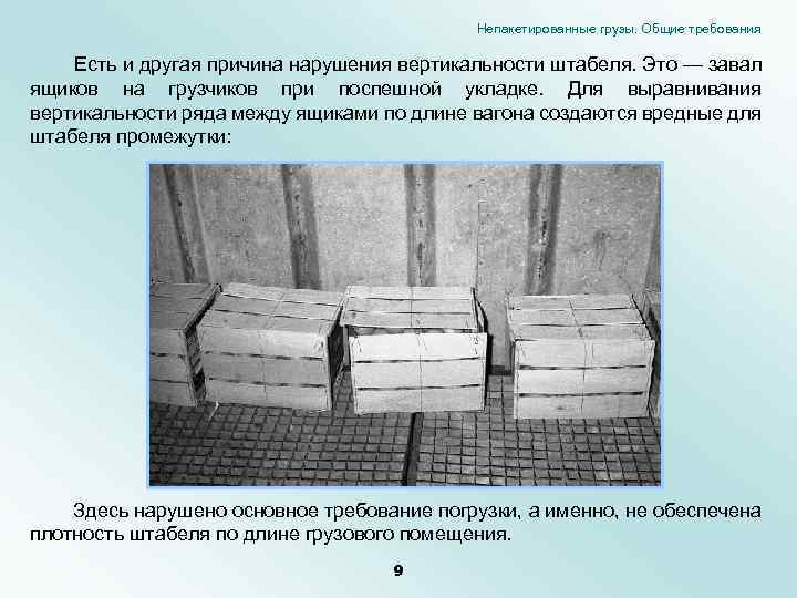 Непакетированные грузы. Общие требования Есть и другая причина нарушения вертикальности штабеля. Это — завал
