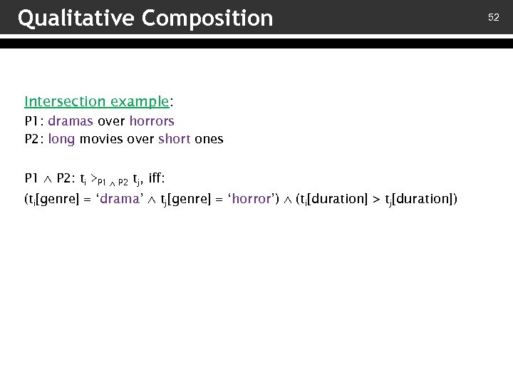 Qualitative Composition Intersection example: P 1: dramas over horrors P 2: long movies over