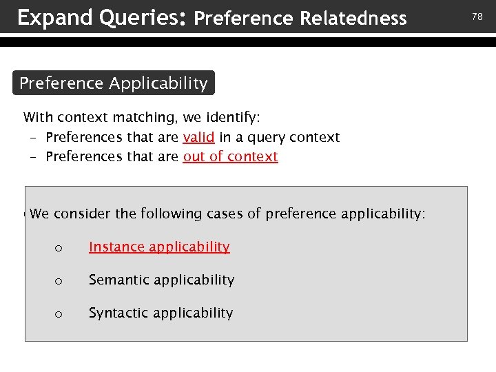 Expand Queries: Preference Relatedness Preference Applicability With context matching, we identify: – Preferences that