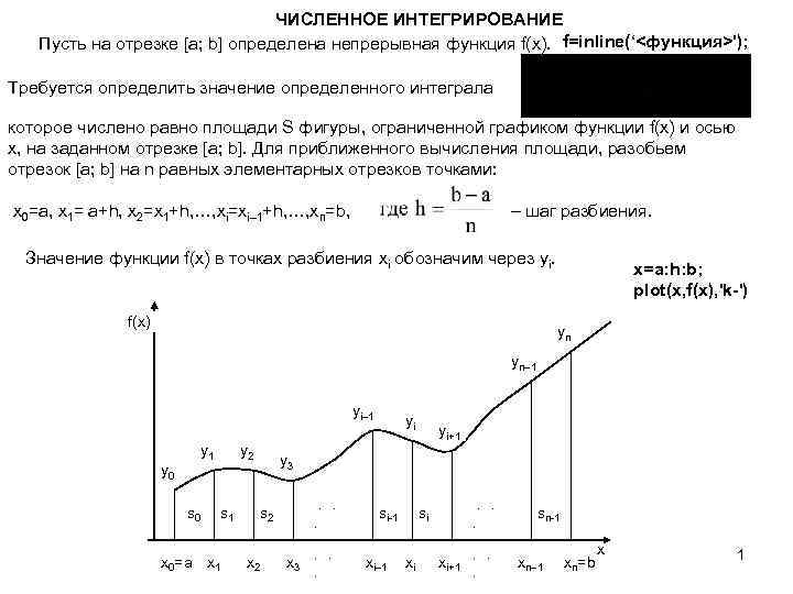 ЧИСЛЕННОЕ ИНТЕГРИРОВАНИЕ Пусть на отрезке [a; b] определена непрерывная функция f(x). f=inline(‘<функция>'); Требуется определить