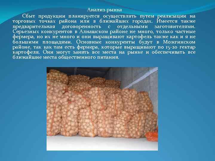 Анализ рынка Сбыт продукции планируется осуществлять путем реализации на торговых точках района или в