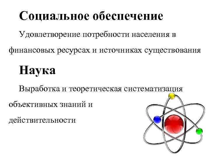 Социальное обеспечение Удовлетворение потребности населения в финансовых ресурсах и источниках существования Наука Выработка и