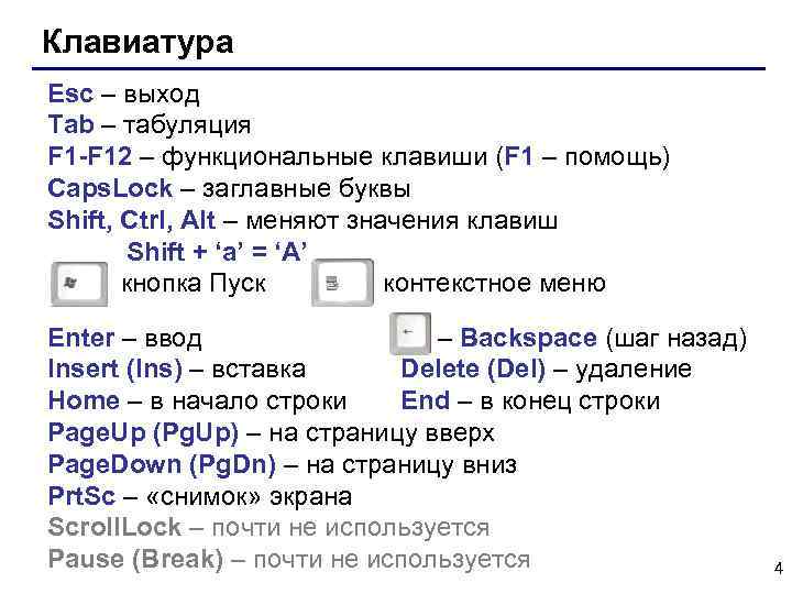 Клавиатура Esc – выход Tab – табуляция F 1 -F 12 – функциональные клавиши