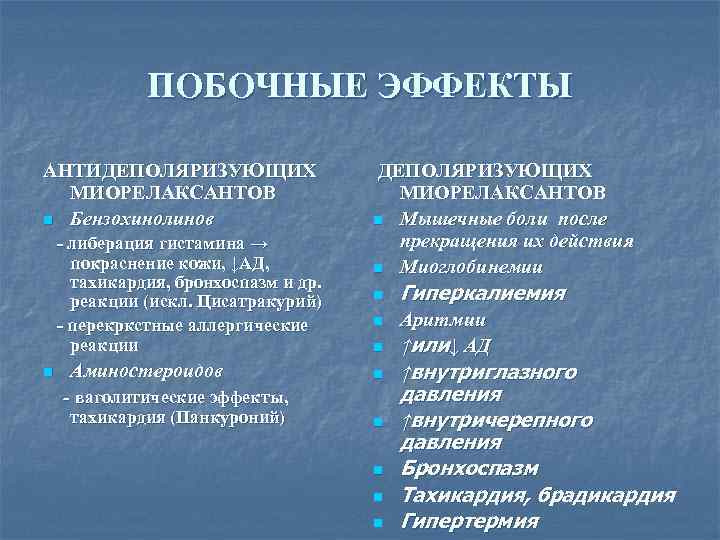 ПОБОЧНЫЕ ЭФФЕКТЫ АНТИДЕПОЛЯРИЗУЮЩИХ МИОРЕЛАКСАНТОВ n Бензохинолинов - либерация гистамина → покраснение кожи, ↓АД, тахикардия,