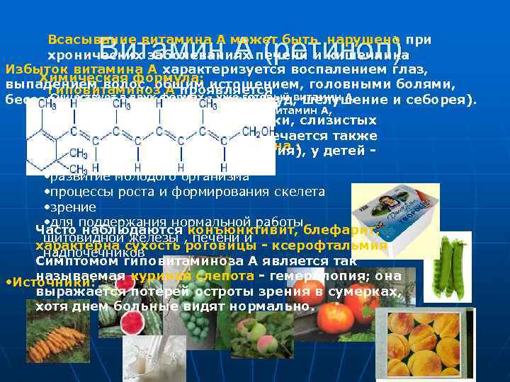 Витамин А (ретинол). Всасывание витамина A может быть нарушено при хронических заболеваниях печени и