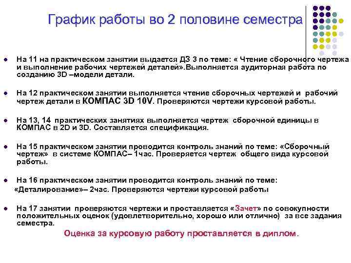 График работы во 2 половине семестра l На 11 на практическом занятии выдается ДЗ