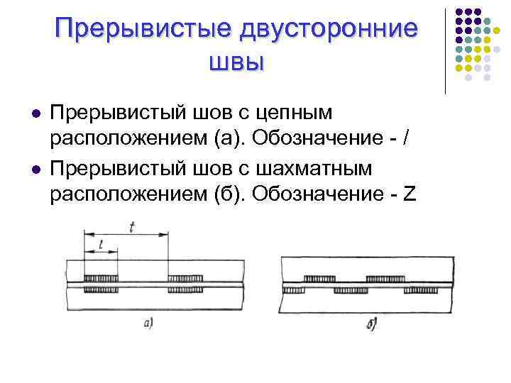 Прерывистые двусторонние швы l l Прерывистый шов с цепным расположением (а). Обозначение / Прерывистый