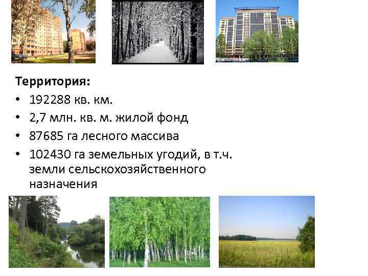 Территория: • 192288 кв. км. • 2, 7 млн. кв. м. жилой фонд •