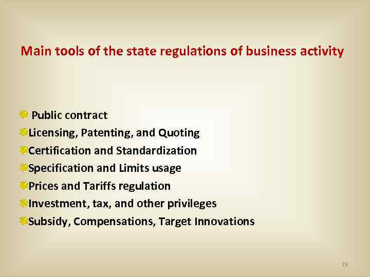 Main tools of the state regulations of business activity Public contract Licensing, Patenting, and