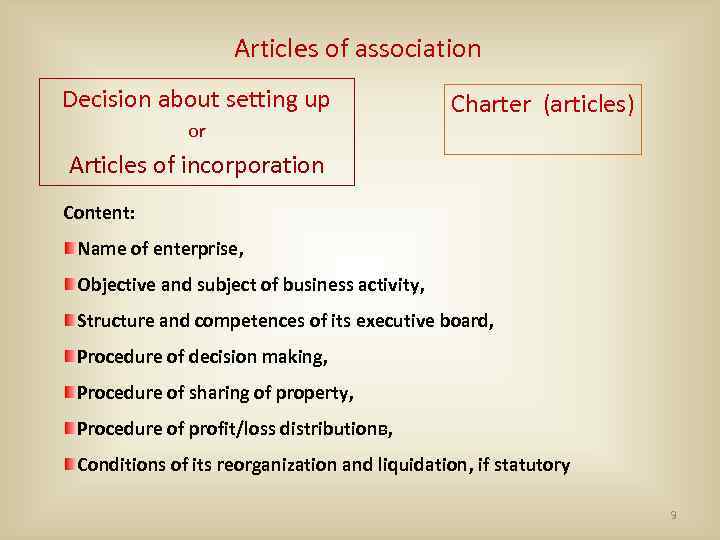 Articles of association Decision about setting up or Charter (articles) Articles of incorporation Content: