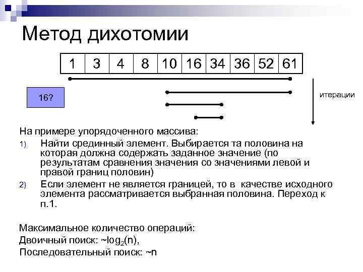 Метод дихотомии 1 3 4 8 10 16 34 36 52 61 16? итерации