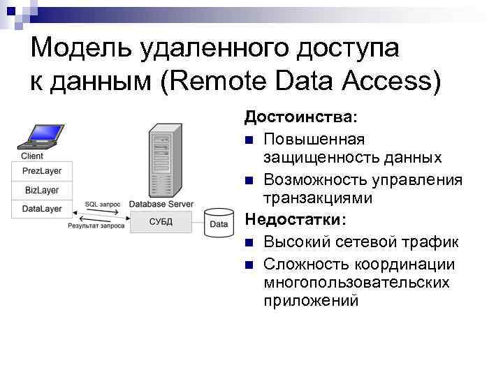 Модель удаленного доступа к данным (Remote Data Access) Достоинства: n Повышенная защищенность данных n