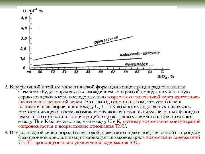2. Внутри одной и той же магматической формации концентрации радиоактивных элементов будут определяться вхождением