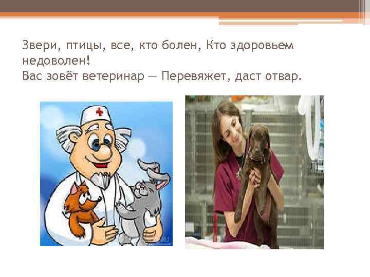 Звери, птицы, все, кто болен, Кто здоровьем недоволен! Вас зовёт ветеринар — Перевяжет, даст