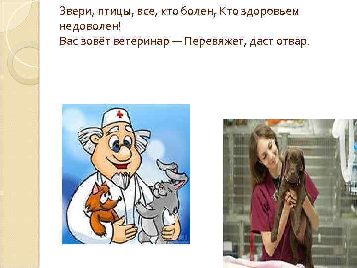 Звери, птицы, все, кто болен, Кто здоровьем недоволен! Вас зовёт ветеринар — Перевяжет, даст