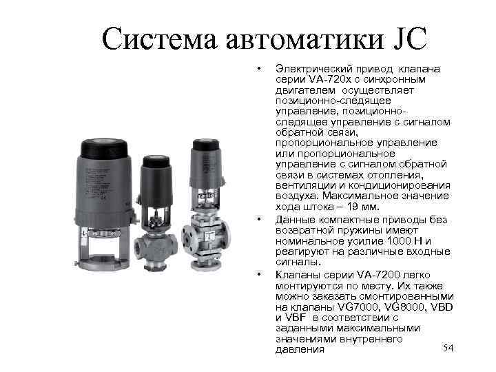 Система автоматики JC • • • Электрический привод клапана серии VA-720 х с синхронным