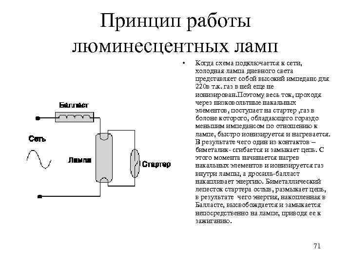 Принцип работы люминесцентных ламп • Когда схема подключается к сети, холодная лампа дневного света