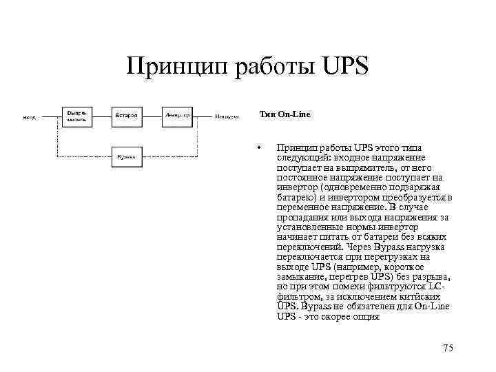 Принцип работы UPS Тип On-Line • Принцип работы UPS этого типа следующий: входное напряжение