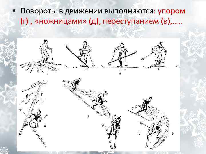 • Повороты в движении выполняются: упором (г) , «ножницами» (д), переступанием (в), ….