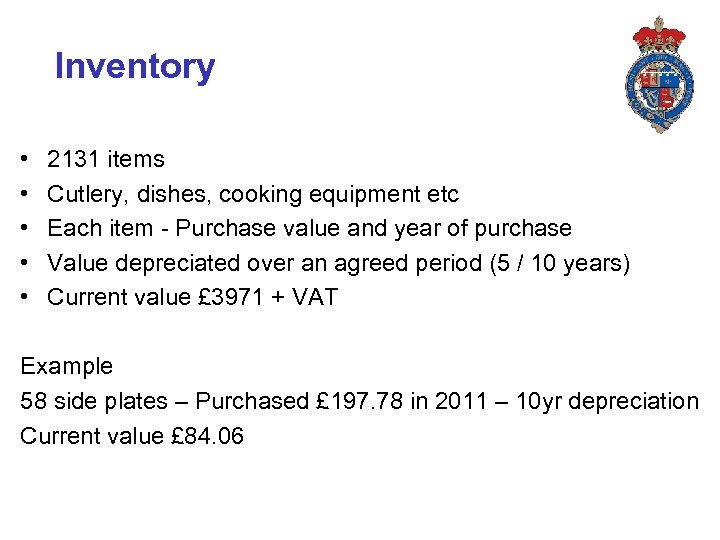 Inventory • • • 2131 items Cutlery, dishes, cooking equipment etc Each item -