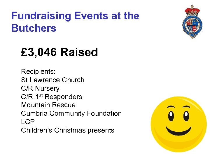 Fundraising Events at the Butchers £ 3, 046 Raised Recipients: St Lawrence Church C/R