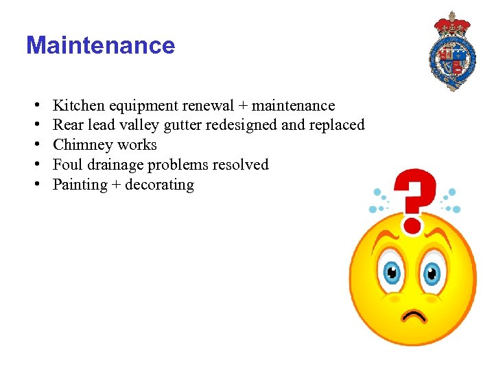 Maintenance • • • Kitchen equipment renewal + maintenance Rear lead valley gutter redesigned