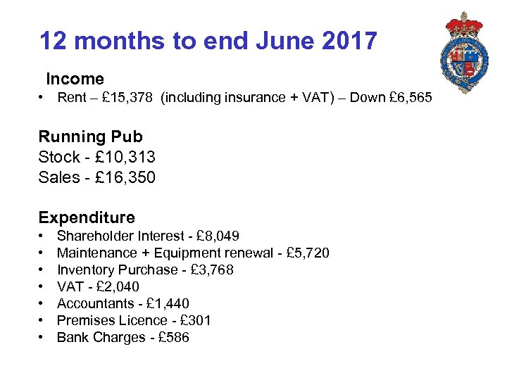 12 months to end June 2017 Income • Rent – £ 15, 378 (including