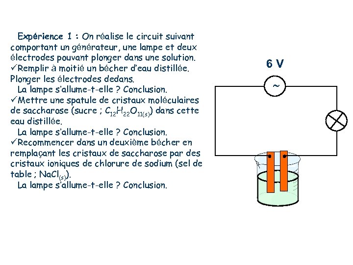 Expérience 1 : On réalise le circuit suivant comportant un générateur, une lampe et