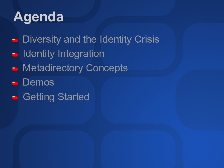 Agenda Diversity and the Identity Crisis Identity Integration Metadirectory Concepts Demos Getting Started 