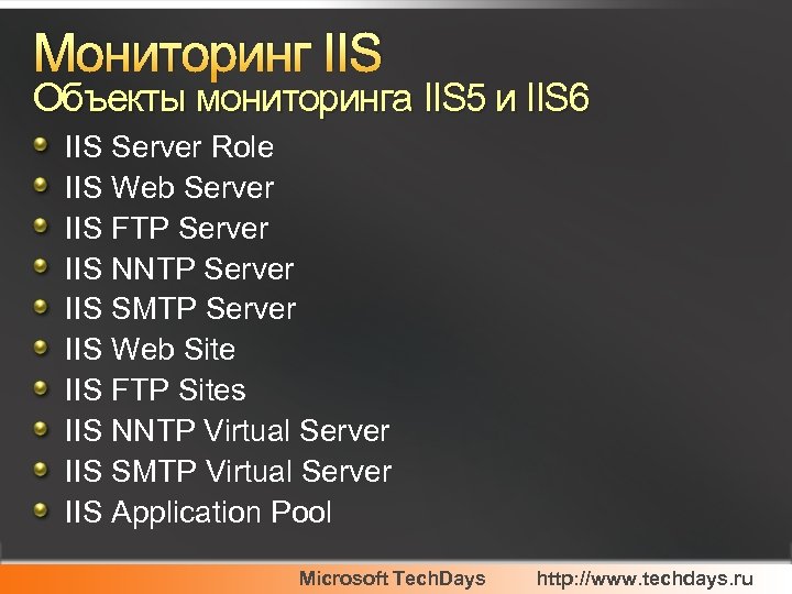 Мониторинг IIS Объекты мониторинга IIS 5 и IIS 6 IIS Server Role IIS Web
