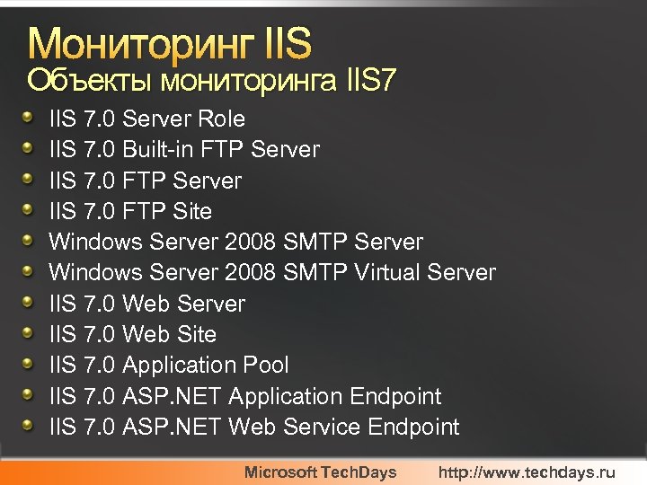Мониторинг IIS Объекты мониторинга IIS 7. 0 Server Role IIS 7. 0 Built-in FTP