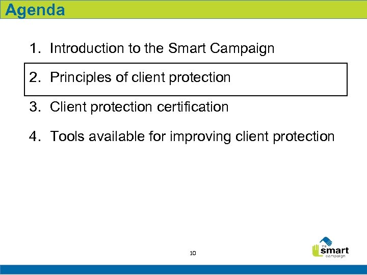 Agenda 1. Introduction to the Smart Campaign 2. Principles of client protection 3. Client