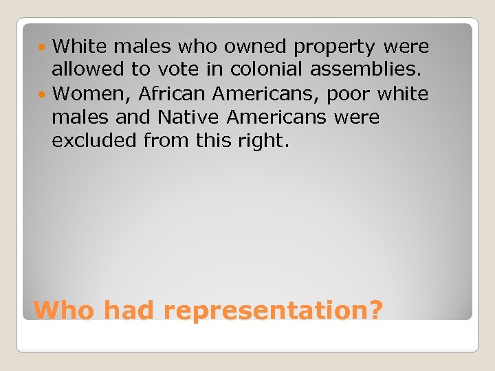 White males who owned property were allowed to vote in colonial assemblies. Women, African