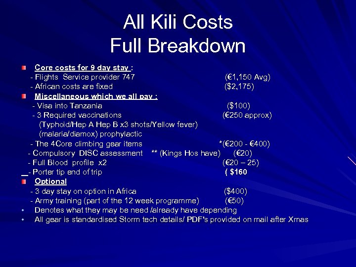All Kili Costs Full Breakdown Core costs for 9 day stay : - Flights