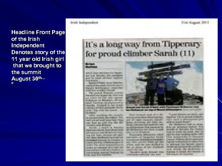 Headline Front Page of the Irish Independent Denotes story of the 11 year old