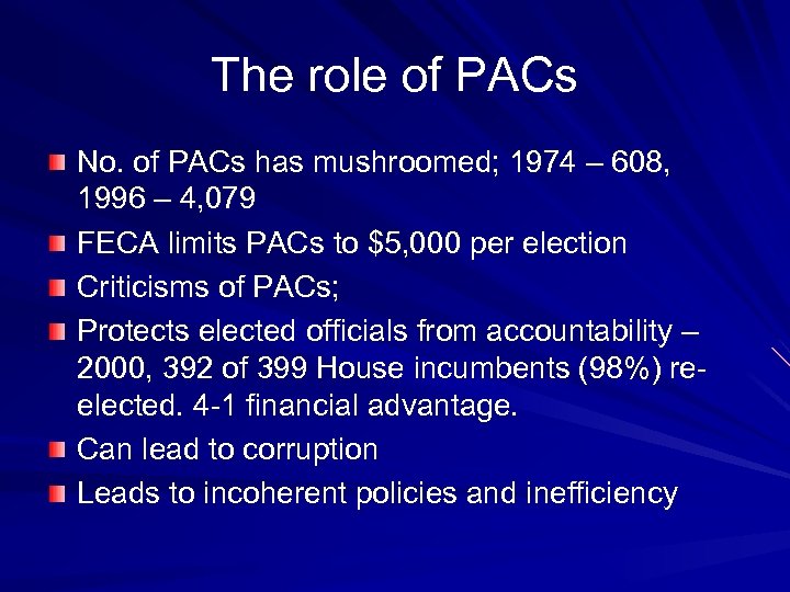 The role of PACs No. of PACs has mushroomed; 1974 – 608, 1996 –