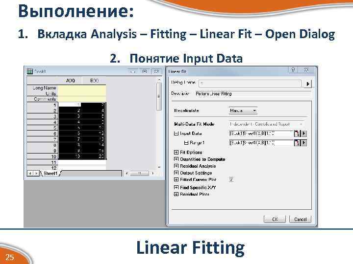 Выполнение: 1. Вкладка Analysis – Fitting – Linear Fit – Open Dialog 2. Понятие