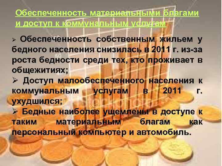 Обеспеченность материальными благами и доступ к коммунальным услугам Обеспеченность собственным жильем у бедного населения