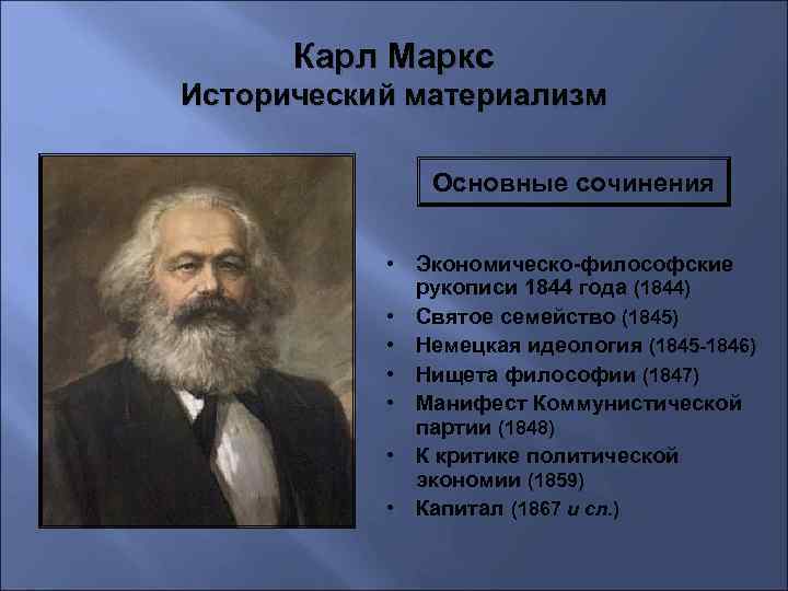 Карл Маркс Исторический материализм Основные сочинения • Экономическо-философские рукописи 1844 года (1844) • Святое