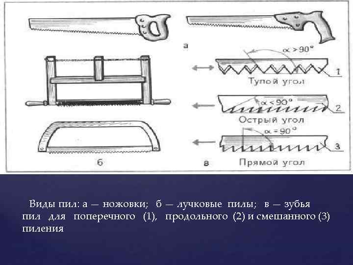  Виды пил: а — ножовки; б — лучковые пилы; в — зубья пил