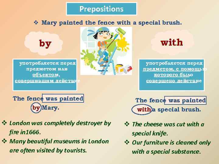 Prepositions v Mary painted the fence with a special brush. by употребляется перед предметом