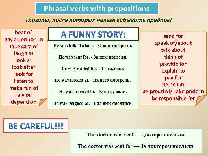 Phrasal verbs with prepositions Глаголы, после которых нельзя забывать предлог! hear of pay attention