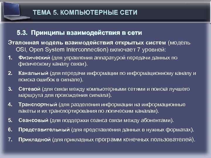 ТЕМА 5. КОМПЬЮТЕРНЫЕ СЕТИ 5. 3. Принципы взаимодействия в сети Эталонная модель взаимодействия открытых