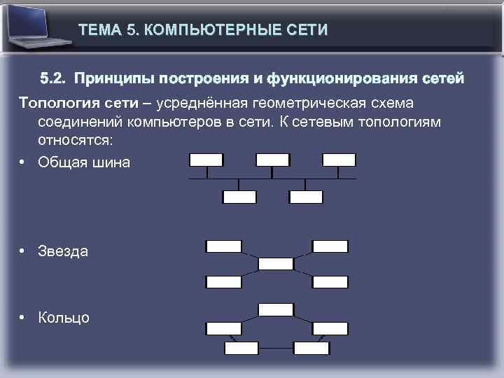 ТЕМА 5. КОМПЬЮТЕРНЫЕ СЕТИ 5. 2. Принципы построения и функционирования сетей Топология сети –