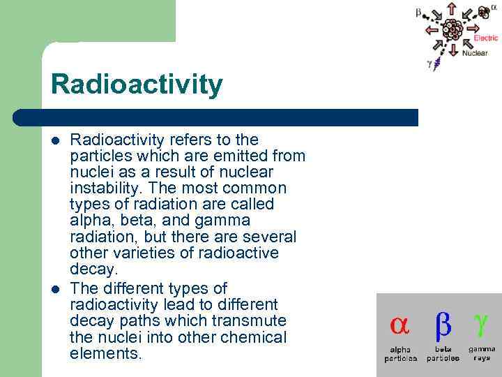 Radioactivity l l Radioactivity refers to the particles which are emitted from nuclei as