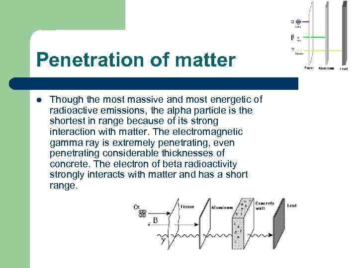 Penetration of matter l Though the most massive and most energetic of radioactive emissions,