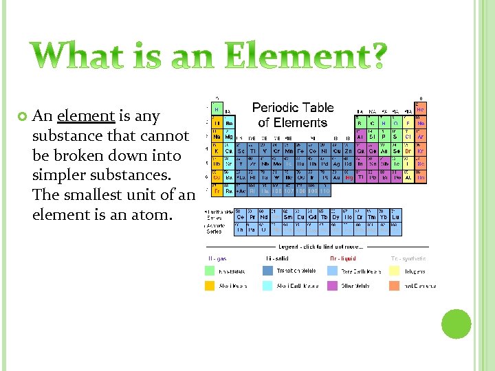  An element is any substance that cannot be broken down into simpler substances.