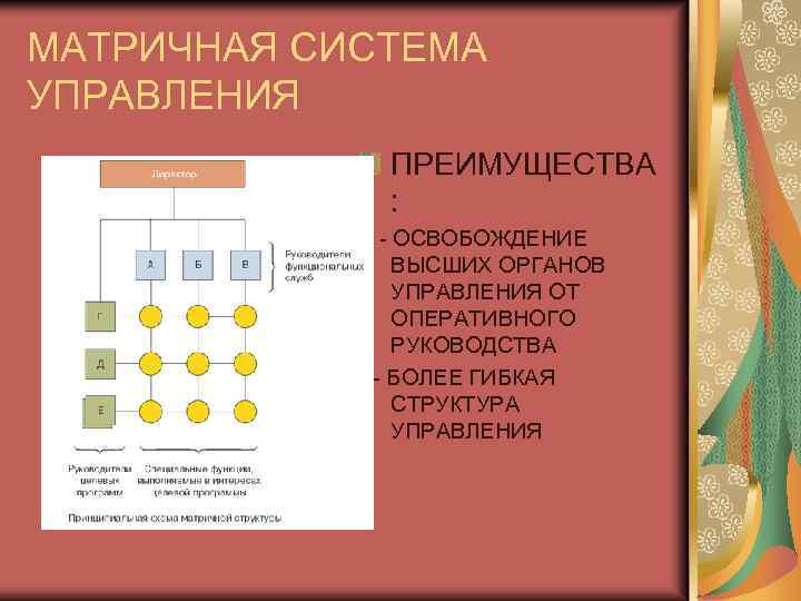МАТРИЧНАЯ СИСТЕМА УПРАВЛЕНИЯ ПРЕИМУЩЕСТВА : - ОСВОБОЖДЕНИЕ ВЫСШИХ ОРГАНОВ УПРАВЛЕНИЯ ОТ ОПЕРАТИВНОГО РУКОВОДСТВА -