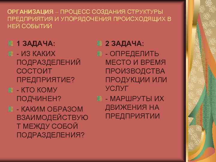 ОРГАНИЗАЦИЯ – ПРОЦЕСС СОЗДАНИЯ СТРУКТУРЫ ПРЕДПРИЯТИЯ И УПОРЯДОЧЕНИЯ ПРОИСХОДЯЩИХ В НЕЙ СОБЫТИЙ 1 ЗАДАЧА: