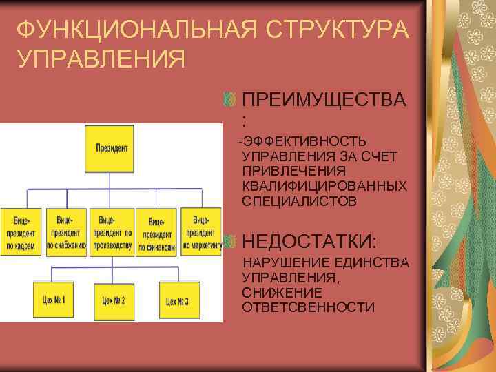 ФУНКЦИОНАЛЬНАЯ СТРУКТУРА УПРАВЛЕНИЯ ПРЕИМУЩЕСТВА : -ЭФФЕКТИВНОСТЬ УПРАВЛЕНИЯ ЗА СЧЕТ ПРИВЛЕЧЕНИЯ КВАЛИФИЦИРОВАННЫХ СПЕЦИАЛИСТОВ НЕДОСТАТКИ: НАРУШЕНИЕ